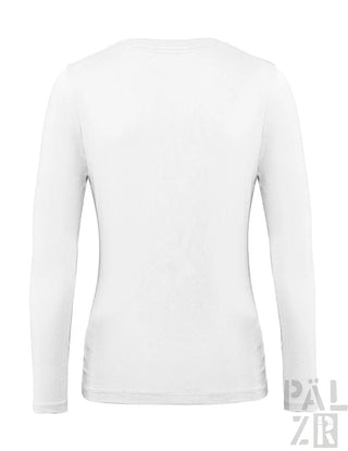 Weißes Langarm-T-Shirt mit V-Ausschnitt und gerippten Bündchen.