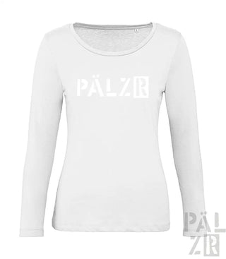 Weißes Langarm-T-Shirt mit ’pälzb’ Textdesign.
