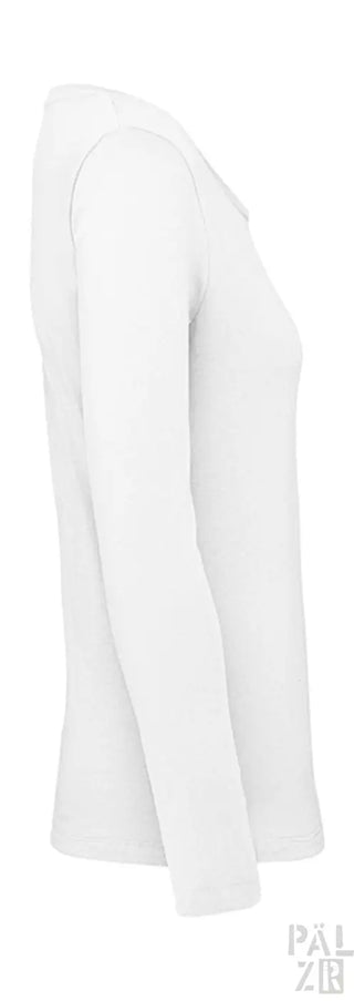 Weißes Langarm-T-Shirt mit geripptem Ausschnitt und Bündchen, aus Baumwolle.