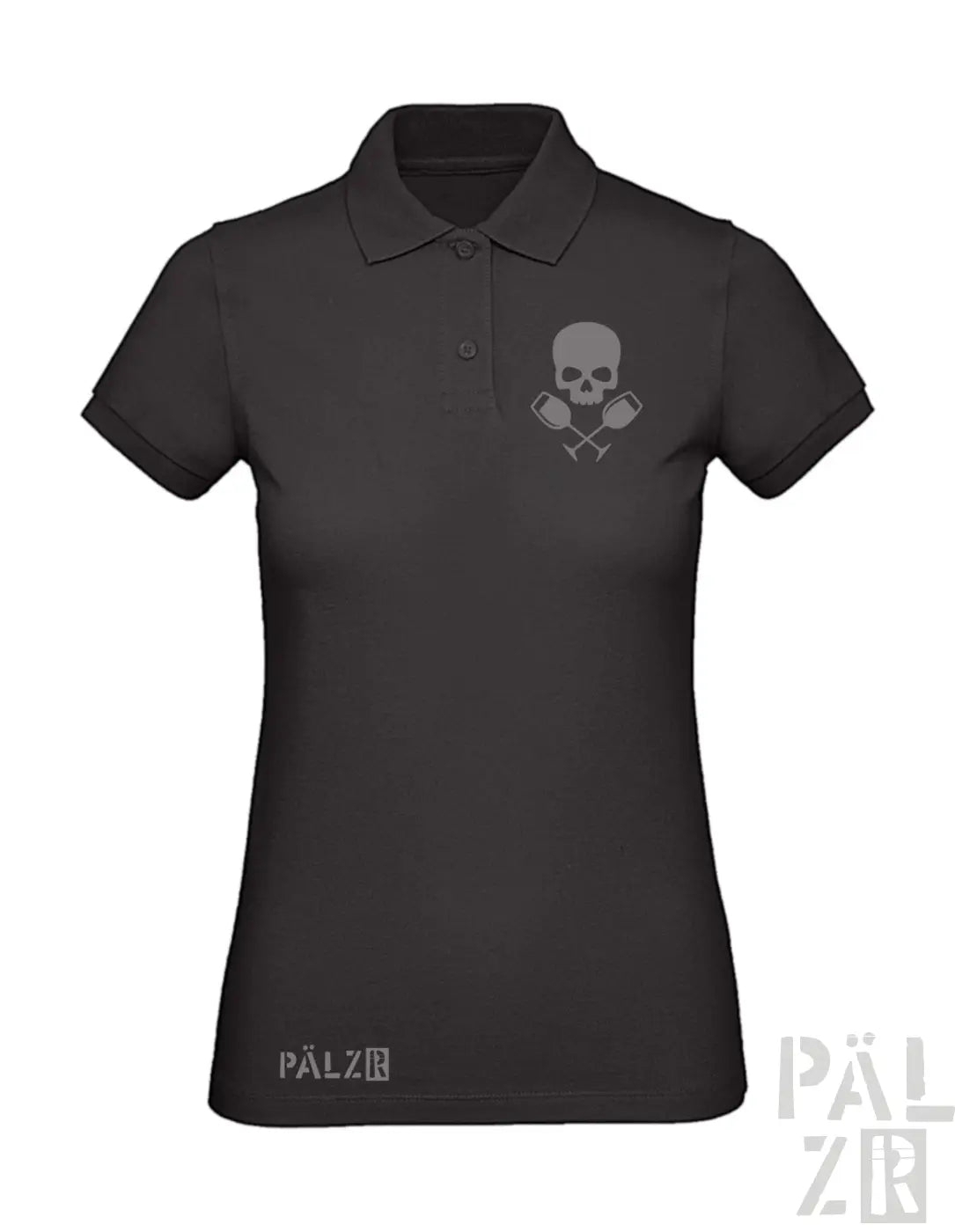 Schwarzes frauen poloshirt mit grauem schädel und gekreuzten rudern emblem auf der brust weinpirat