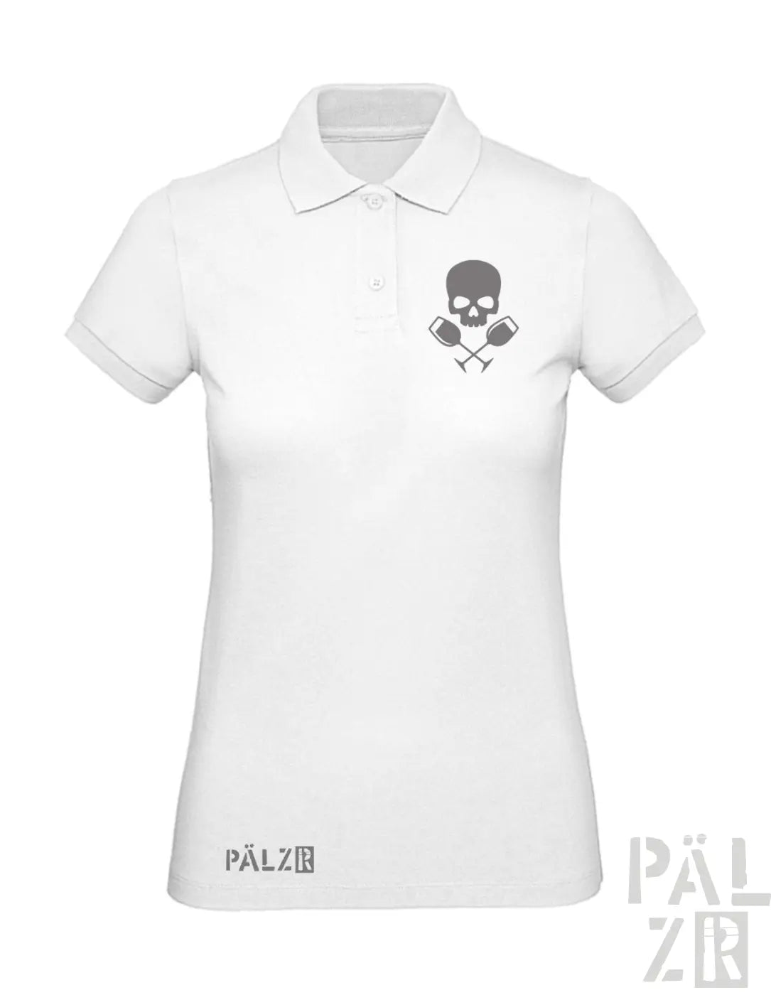 Weißes frauen poloshirt mit grauem schädel und gekreuzten rudern auf der brust von weinpirat