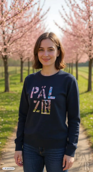 Dunkelblauer langärmliger sweatshirt mit buntem päl zin muster für frauen in mandelblüte farben