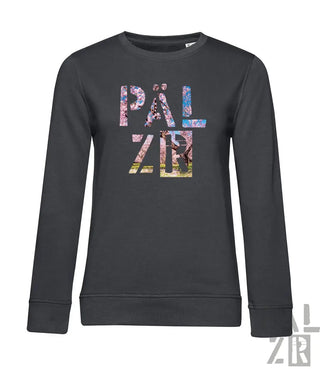 Dunkelgrauer langarm-pullover frauen mit bunter naturgrafik pälzer auf der brust aus mandelblüte-kollektion