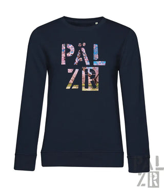 Frauen navyblauer langarm-pullover mit buntem päl zr collage-print auf der brust aus weichem material
