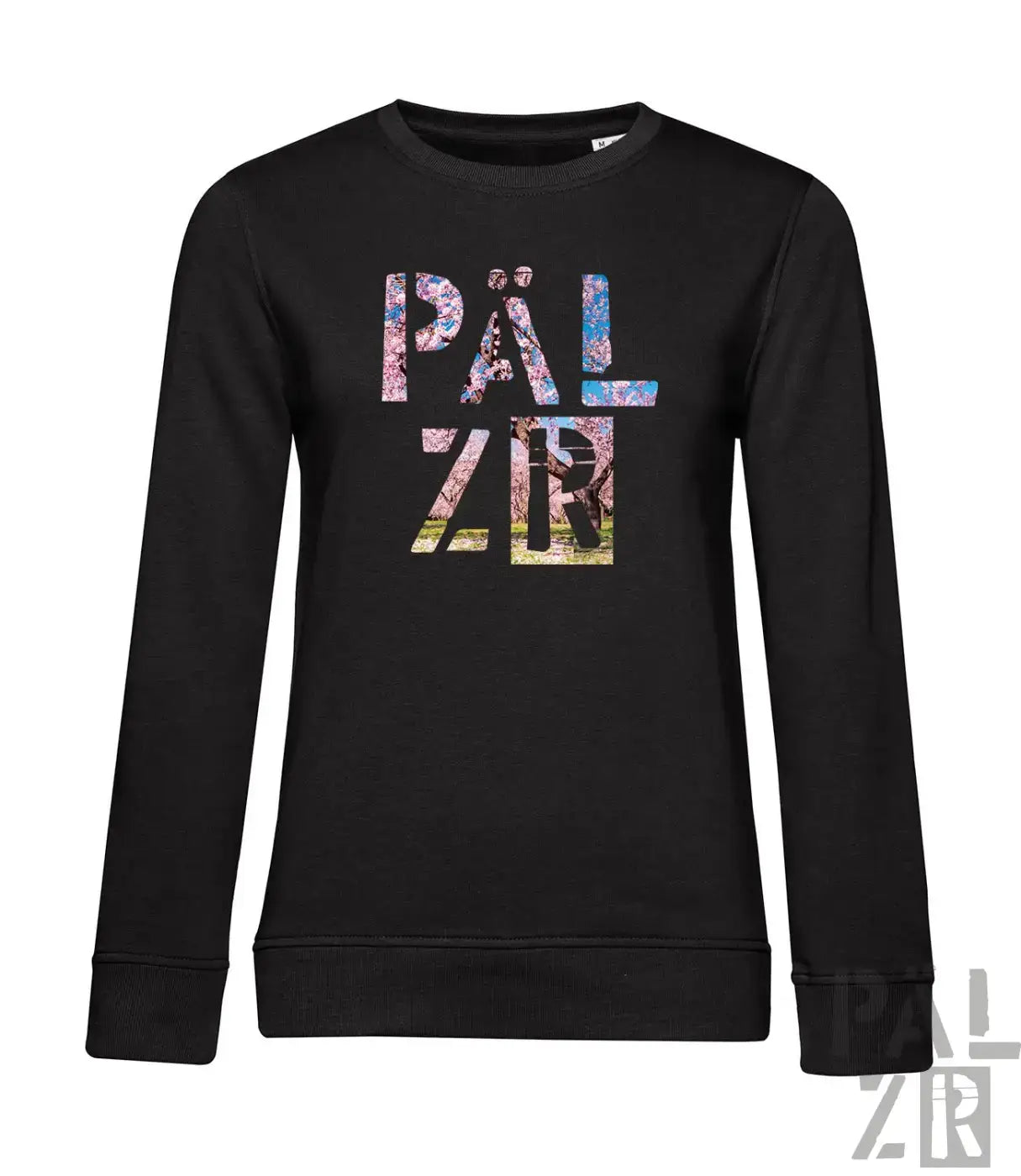 Schwarzer frauen pullover mit langärmel und bunter pälzir grafik auf der brust aus weichem material