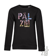 Schwarzer frauen pullover mit langärmel und bunter pälzir grafik auf der brust aus weichem material