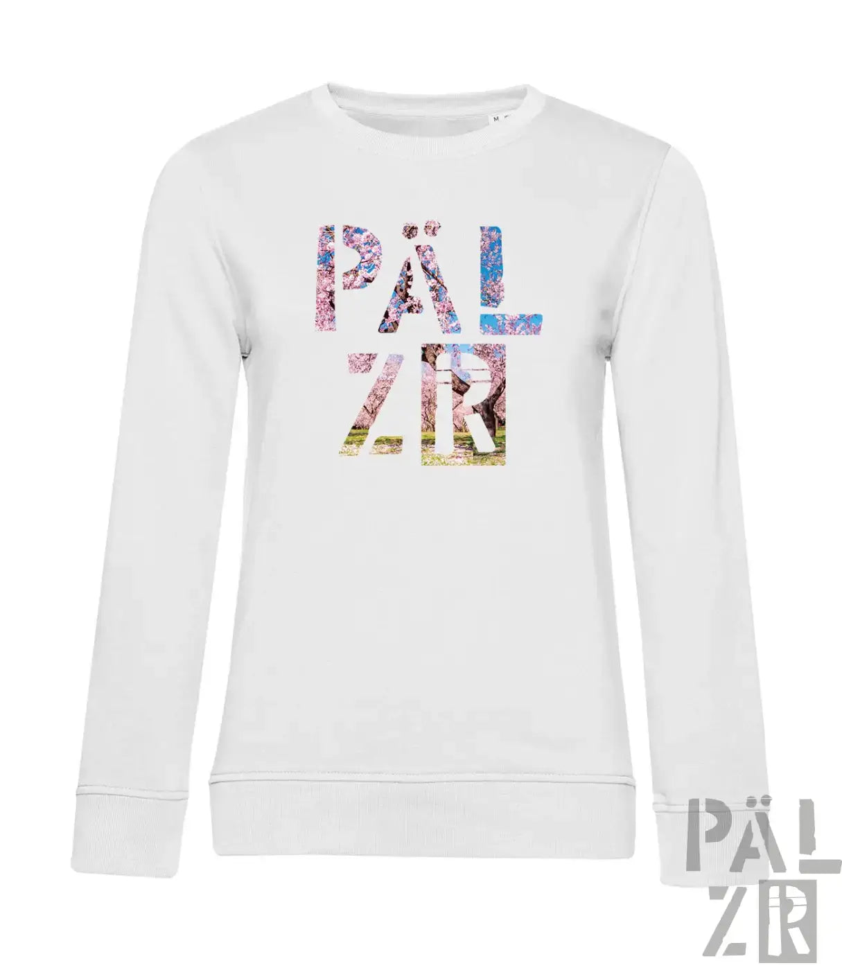 Weißer frauen pullover mit langen ärmeln und buntem pälzr grafik print auf der brust in verschiedenen farben
