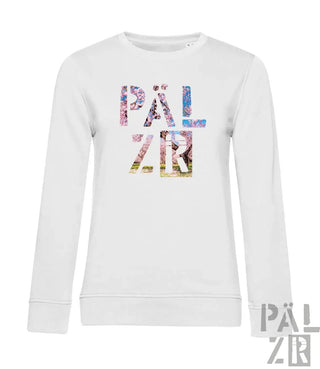 Weißer frauen pullover mit langen ärmeln und buntem pälzr grafik print auf der brust in verschiedenen farben