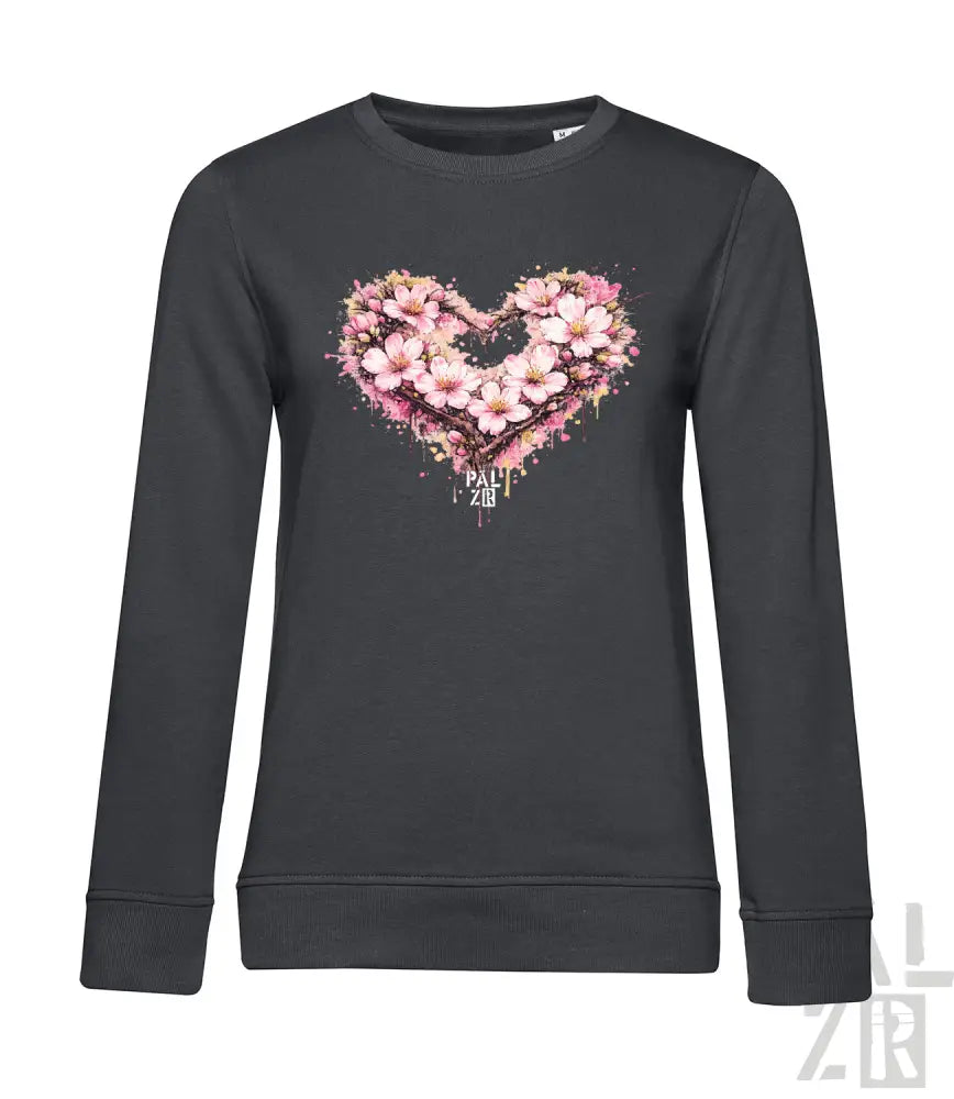 Dunkelgraues Langarm-Sweatshirt mit einem lebendigen pink-weißen Blumenherz-Design und Spritzeffekten.
