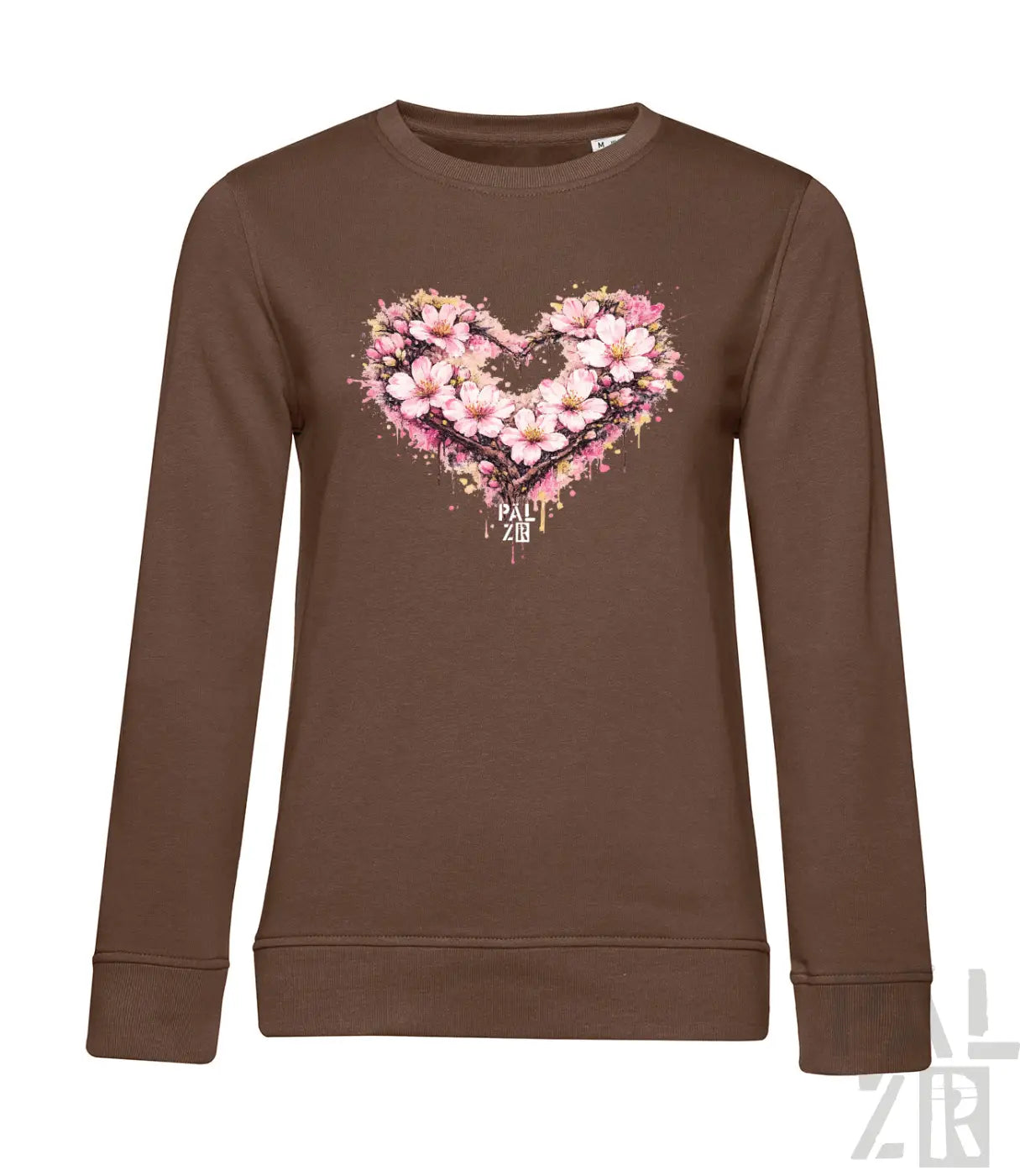 Braunes Langarm-Sweatshirt mit lebendigem herzförmigem Blumenmuster in pinken und weißen Blüten mit Spritzeffekten.