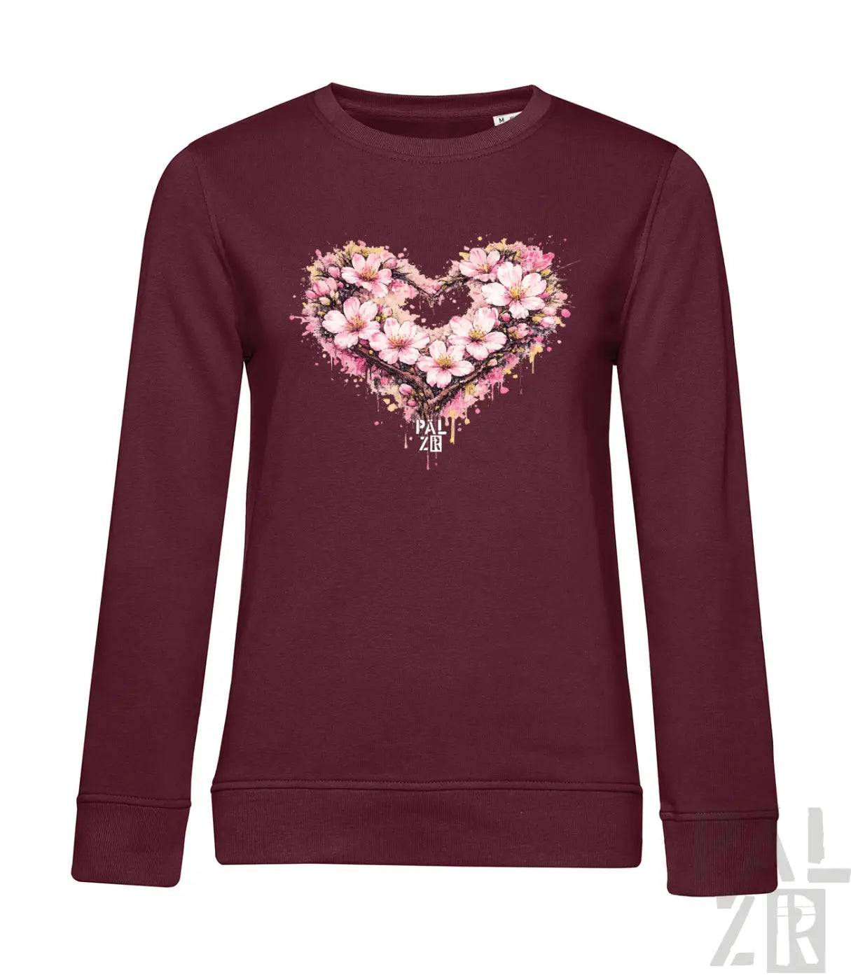 Bordeauxfarbene Langarm-Sweatshirt mit herzförmigem Blumenmuster aus pinken und weißen Blüten.