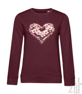Bordeauxfarbene Langarm-Sweatshirt mit herzförmigem Blumenmuster aus pinken und weißen Blüten.