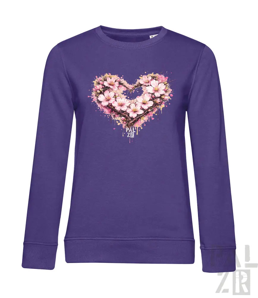 Lila Langarm-Sweatshirt mit herzförmigem Blumenmuster aus pinken und weißen Blüten.