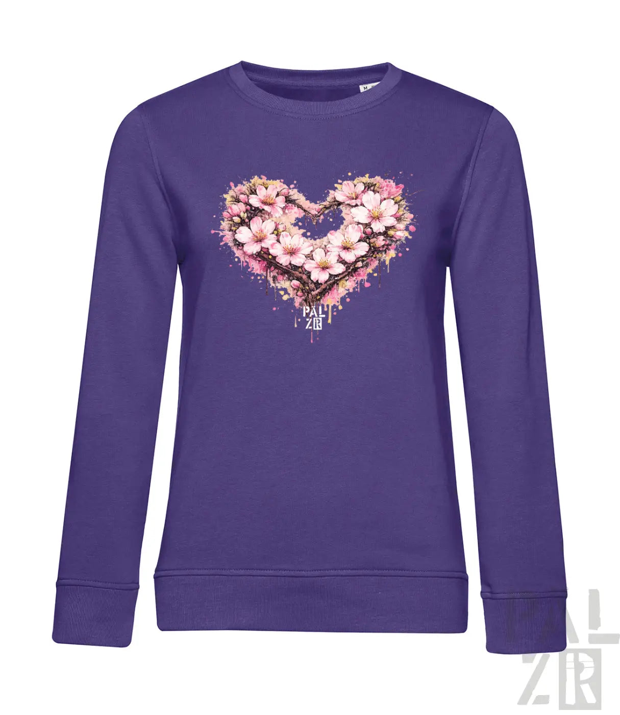Lila Langarm-Sweatshirt mit herzförmigem Blumenmuster aus pinken und weißen Blüten.