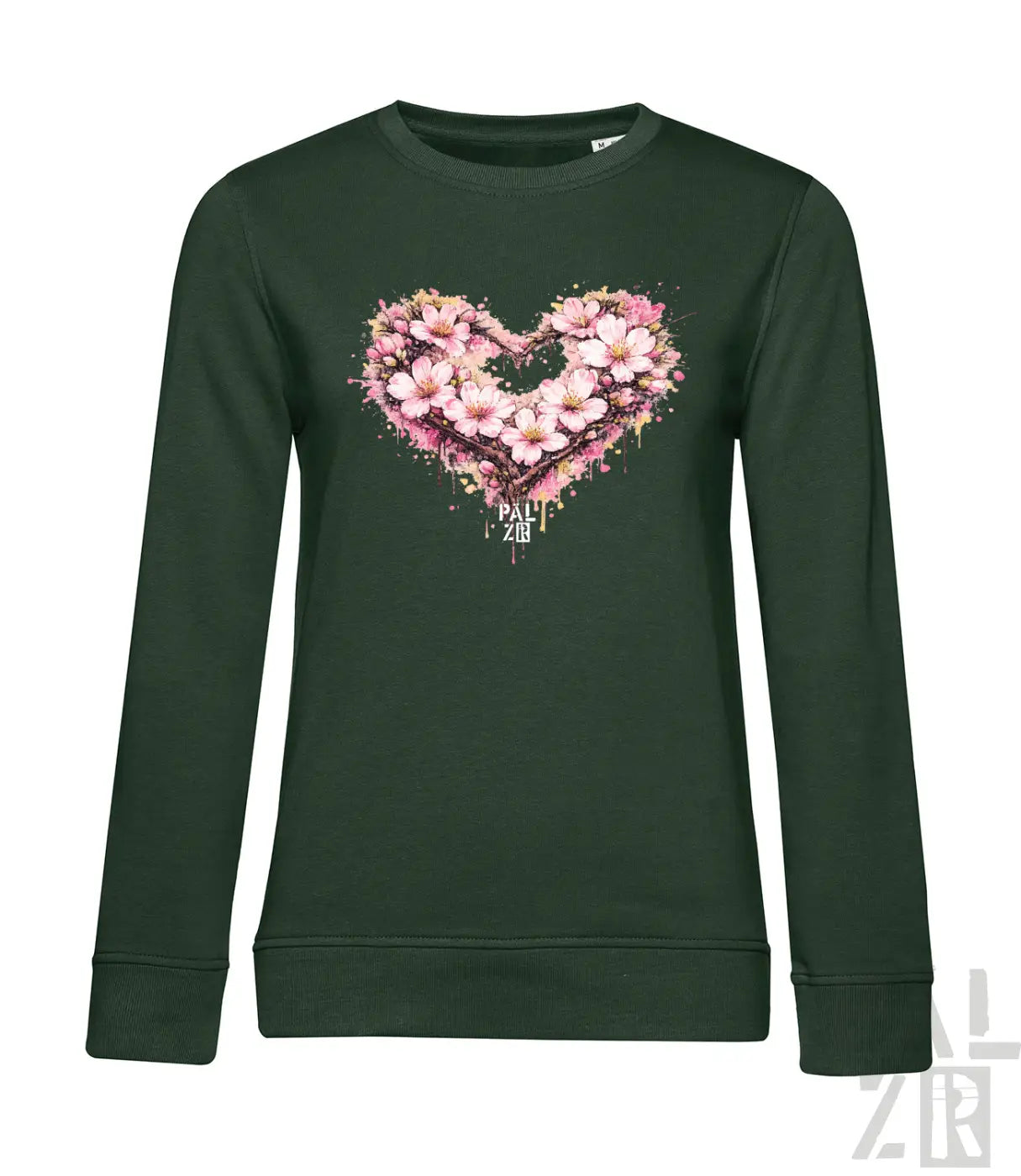 Dunkelgrünes Langarm-Sweatshirt mit einem lebendigen pink-weißen Blumenherz-Design mit Spritzeffekten.