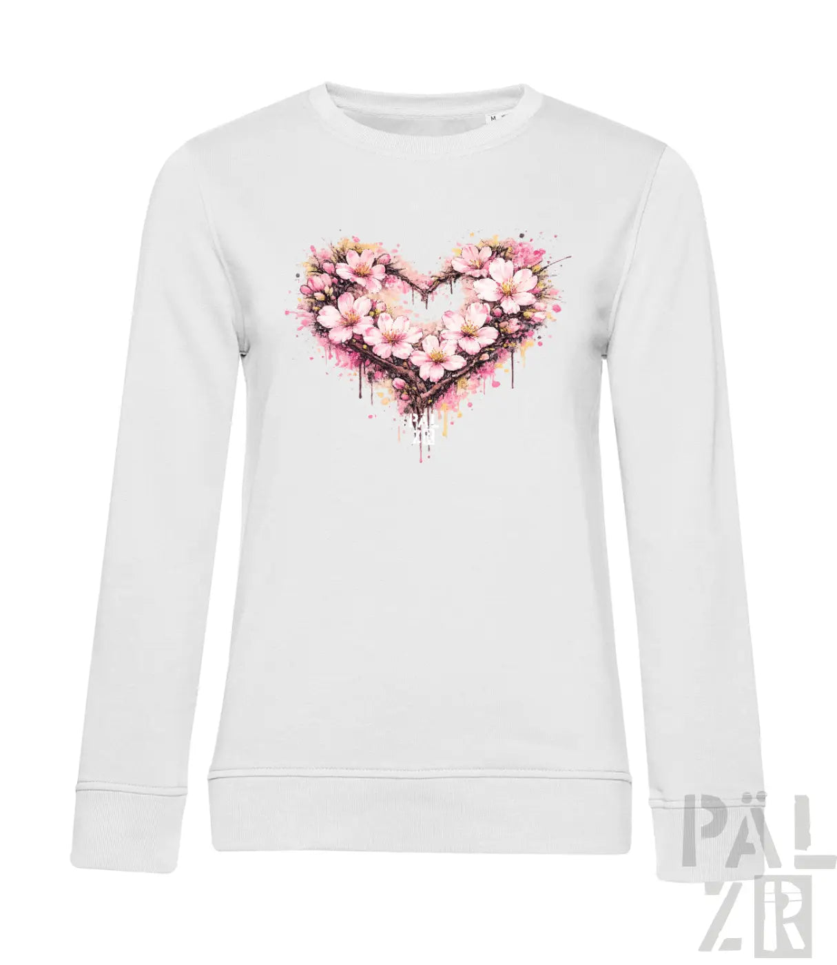 Weißes Langarm-Sweatshirt mit einem Aquarell-ähnlichen Herz-Design aus pinken und pfirsichfarbenen Blüten mit dunkelbraunen Umrissen.