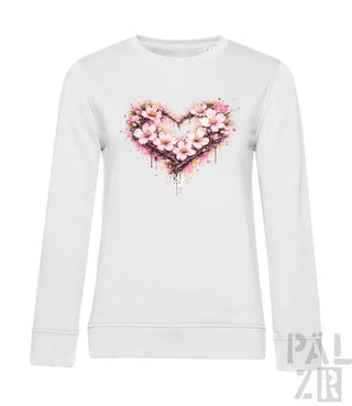 Weißes Langarm-Sweatshirt mit einem Aquarell-ähnlichen Herz-Design aus pinken und pfirsichfarbenen Blüten mit dunkelbraunen Umrissen.