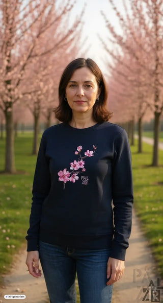 Frauen pulli navyblau mit pinker mandelzweig stickerei und pal zib text auf der linken brustseite in verschiedenen farben