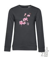 Dunkelgrauer damenpullover mit langen ärmeln und zartem rosa mandelzweig print von pal zr