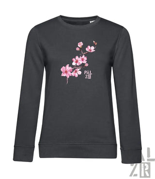 Dunkelgrauer damenpullover mit langen ärmeln und zartem rosa mandelzweig print von pal zr