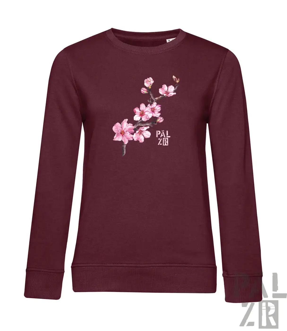 Maroon farbiger frauenpulli mit zartem rosa mandelzweig und pal zr markenlogo auf der vorderseite