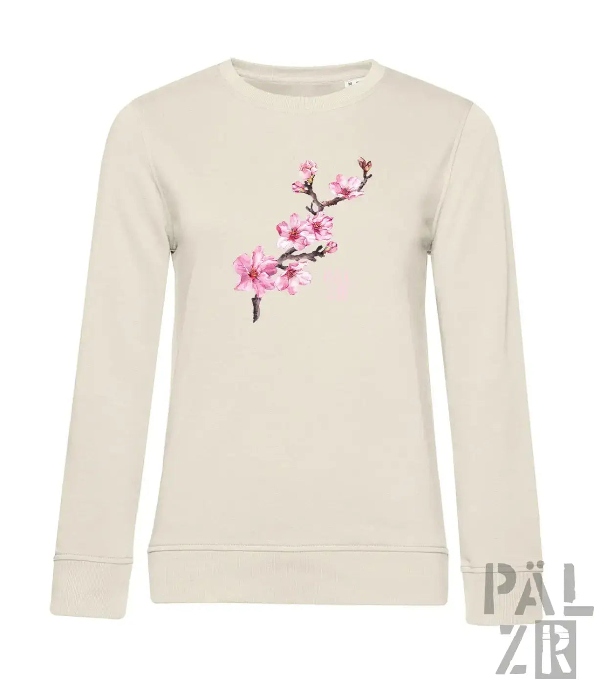 Beiger langärmliger frauen-pulli mit zartem mandelzweig in rosa auf der brust in verschiedenen farben erhältlich