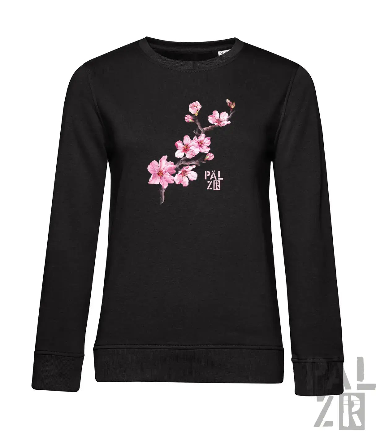 Schwarzer langärmliger frauenpullover mit zartem rosa mandelzweig und pal zr aufdruck in weiß