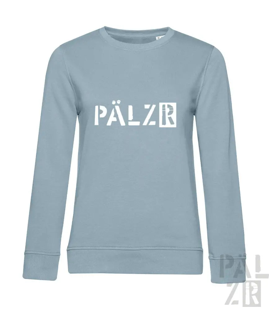 Hellblaues Sweatshirt mit weißem ’pälzr’-Logo, aus weichem Baumwollstoff.