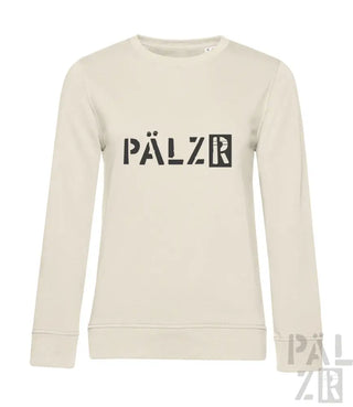 Cremeweiße Pälzer-Sweatshirt mit schwarzem Textdesign.