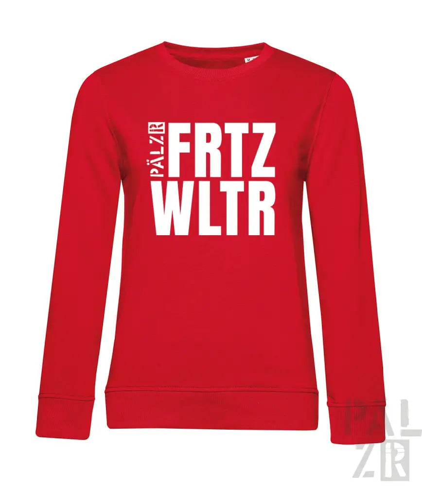 Roter Crewneck-Sweatshirt mit weißem ’palzfritzwltr’-Textdesign, wahrscheinlich aus Baumwolle oder Polyester-Mischung.
