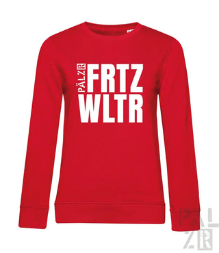 Roter Crewneck-Sweatshirt mit weißem ’palzfritzwltr’-Textdesign, wahrscheinlich aus Baumwolle oder Polyester-Mischung.