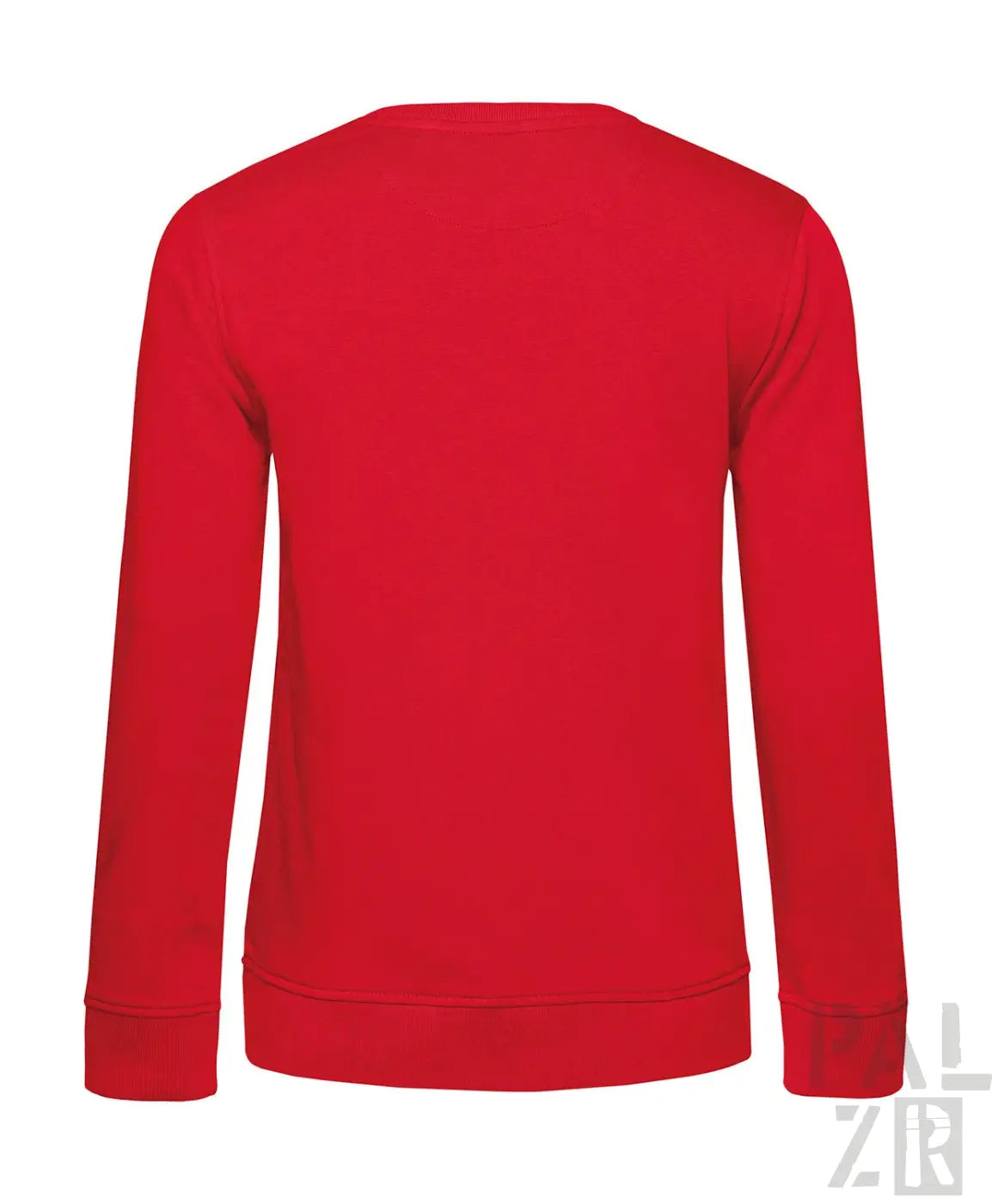 Rotes Crewneck-Sweatshirt mit gerippten Bündchen und Saum, wahrscheinlich aus Baumwolle oder Polyester-Mischung gefertigt.