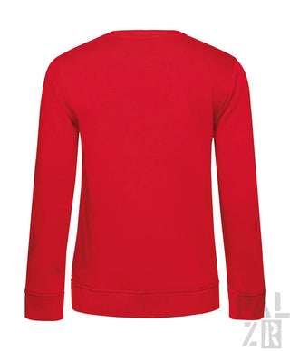 Roter Crewneck-Sweatshirt mit gerippten Bündchen und Saum, wahrscheinlich aus Baumwolle oder Polyester-Mischung.