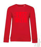 Rotes Crewneck-Sweatshirt mit ’fitz wynn’-Textdesign, wahrscheinlich aus Baumwolle oder Polyester-Mischung gefertigt.
