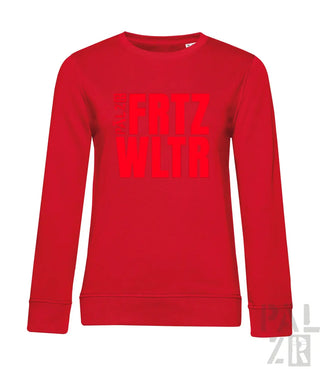 Rotes Crewneck-Sweatshirt mit ’fitz wynn’-Textdesign, wahrscheinlich aus Baumwolle oder Polyester-Mischung gefertigt.