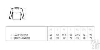 Weißes Langarm-T-Shirt mit schwarzem Umriss-Design, Größentabelle zur Referenz beigefügt.