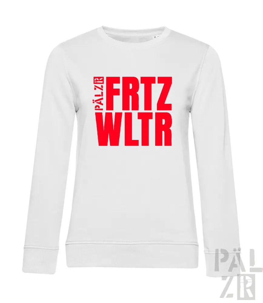 Weißes Baumwoll-Sweatshirt mit rotem Text „frtz wltr“ und kleinem Logo am Ärmel.