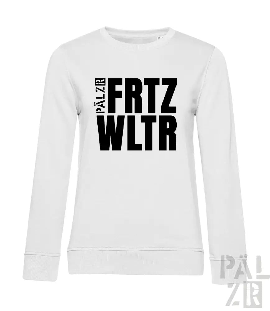 Weißes Rundhals-Sweatshirt mit schwarzem Text-Design.