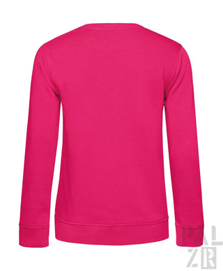Fuchsia-rosa Rundhals-Sweatshirt mit gerippten Bündchen und Saum, wahrscheinlich aus Baumwolle oder Polyester-Mischung gefertigt.