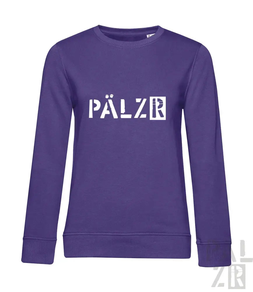 Lila Sweatshirt mit ’pälzr’-Design auf der Vorderseite, aus Fleece-Material gefertigt.