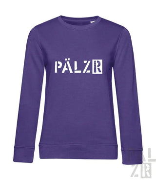 Lila Sweatshirt mit ’pälzr’-Design auf der Vorderseite, aus Fleece-Material gefertigt.