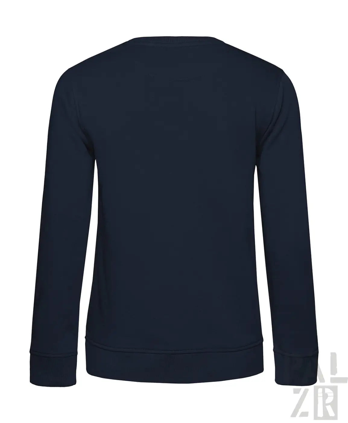 Marineblaues Rundhals-Sweatshirt mit gerippten Bündchen und Saum, wahrscheinlich aus Baumwolle oder Polyester-Mischung gefertigt.