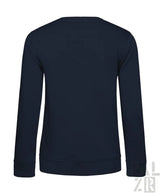 Marineblaues Rundhals-Sweatshirt mit gerippten Bündchen und Saum, wahrscheinlich aus Baumwolle oder Polyester-Mischung gefertigt.