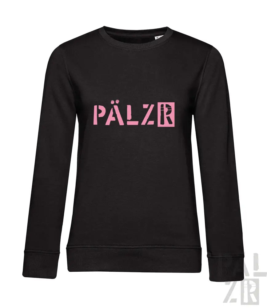 Schwarzes Pfälzer-Sweatshirt mit pinkem Logo und Textdesign.