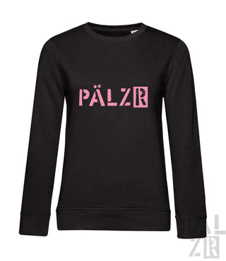 Schwarzes Pfälzer-Sweatshirt mit pinkem Logo und Textdesign.