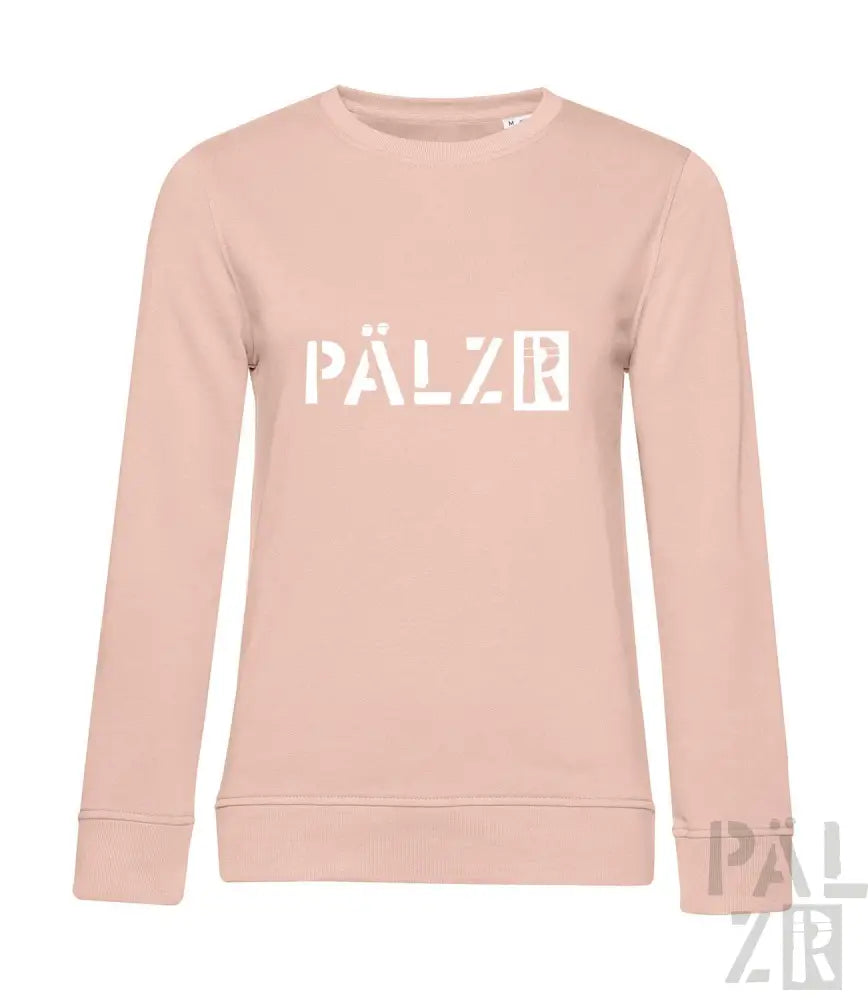 Hellrosa Pälzer-Sweatshirt mit weißem Logo-Design.