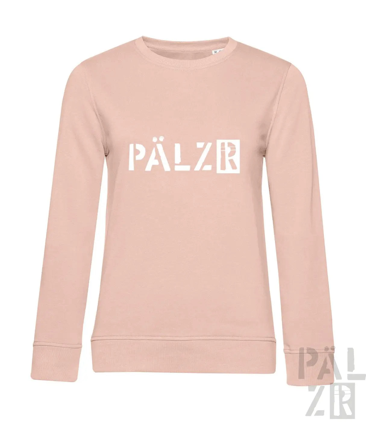 Hellrosa Pälzer-Sweatshirt mit weißem Logo-Design.