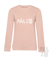 Hellrosa Pälzer-Sweatshirt mit weißem Logo-Design.