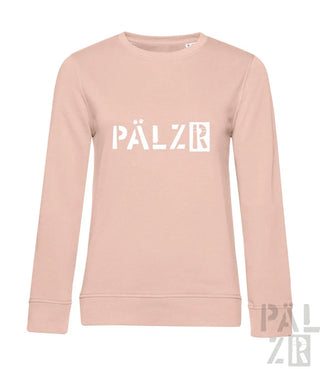 Hellrosa Pälzer-Sweatshirt mit weißem Logo-Design.