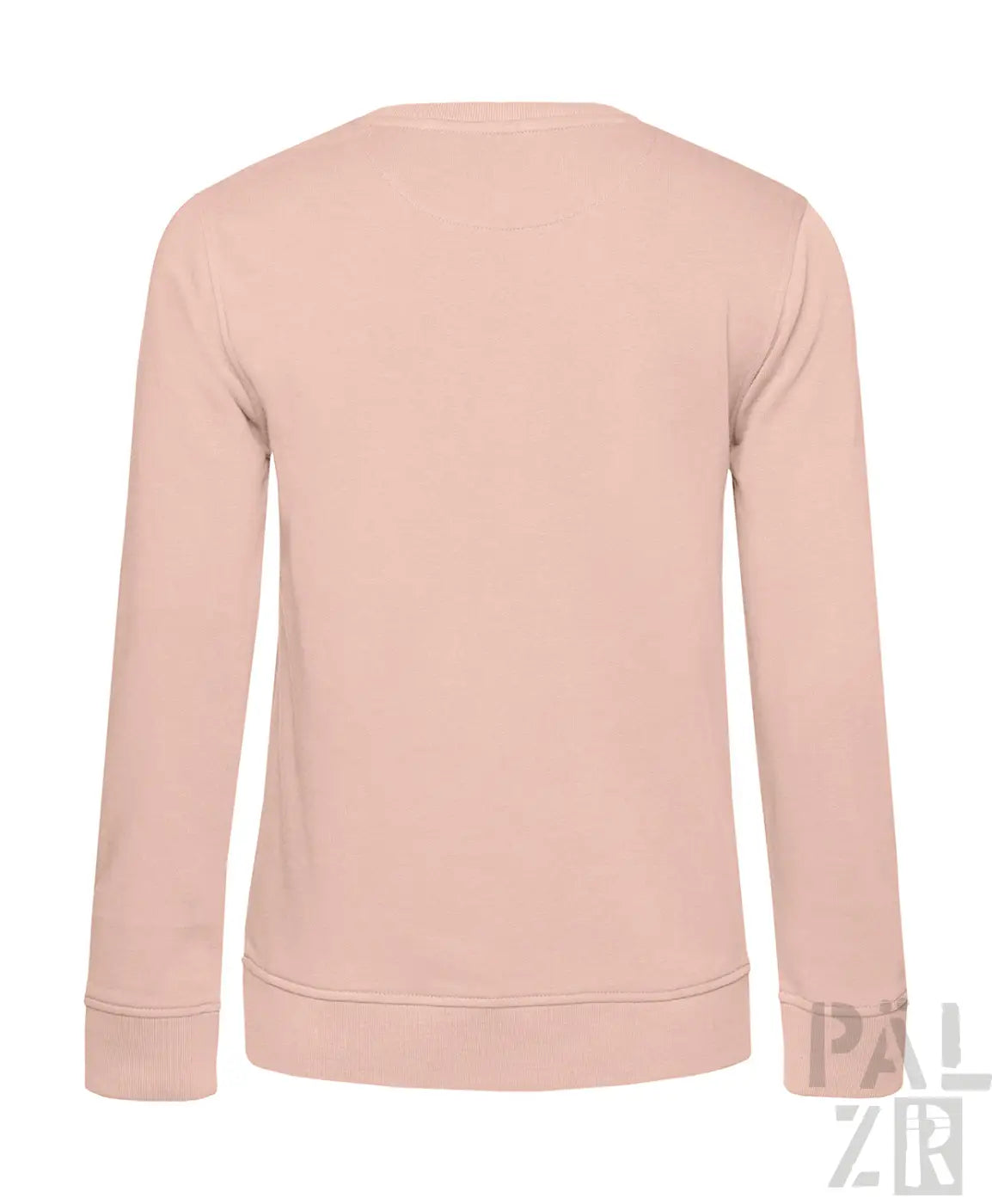 Hellrosa Rundhals-Sweatshirt mit gerippten Bündchen und Saum, wahrscheinlich aus Baumwolle oder Polyester-Mischung gefertigt.
